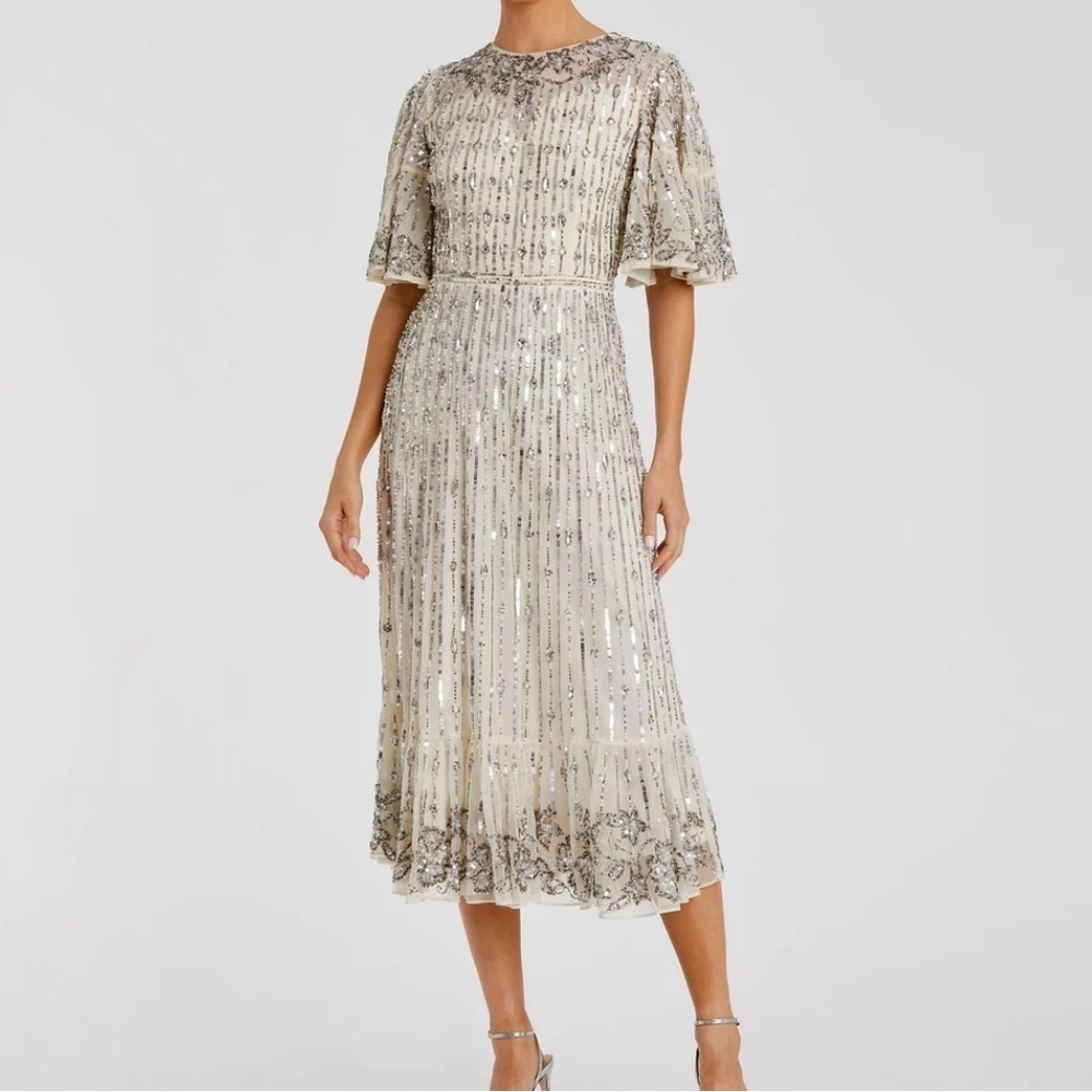 New Mac Duggal Silver Flounce Sleeve Midi Dress 5579 Size 4